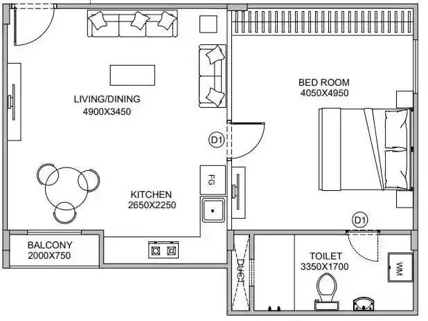 Floor plan of 1 BHK 631 Sq. Ft. Apartment in NR Windgates, Bangalore