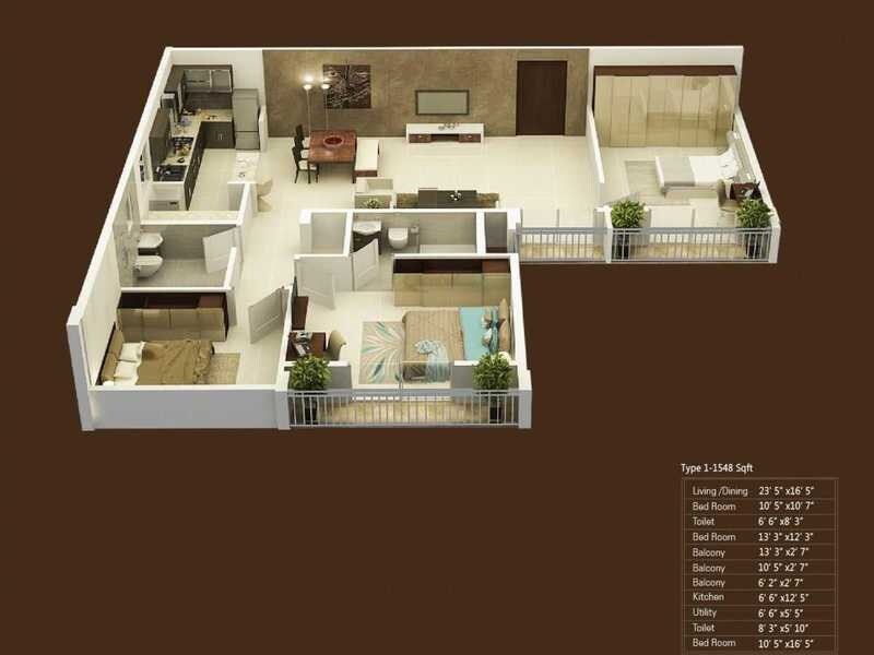 Floor plan of 3 BHK 1422 Sq. Ft. Apartment in NR Windgates, Bangalore
