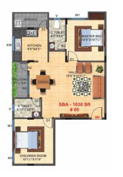 Floor plan of 2 BHK 1030 Sq. Ft. Apartment in NSR Breeze, Bangalore
