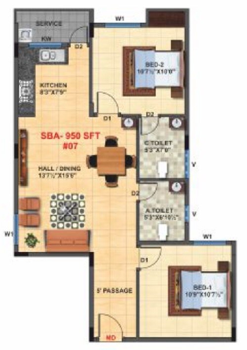 Floor plan of 2 BHK 950 Sq. Ft. Apartment in NSR Breeze, Bangalore