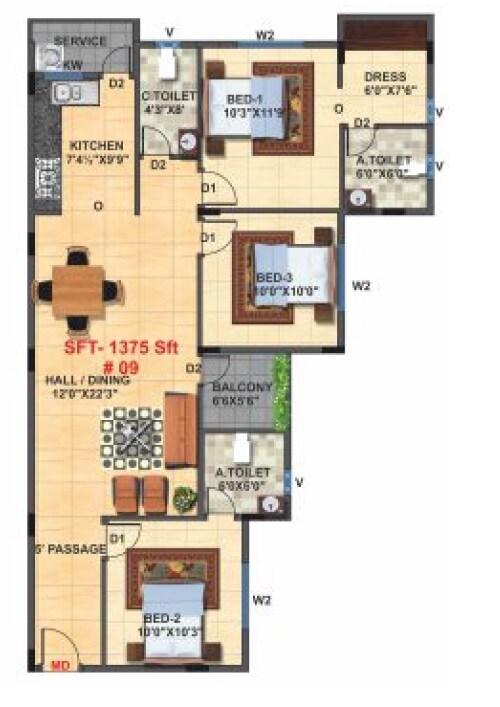 Floor plan of 3 BHK 1375 Sq. Ft. Apartment in NSR Breeze, Bangalore