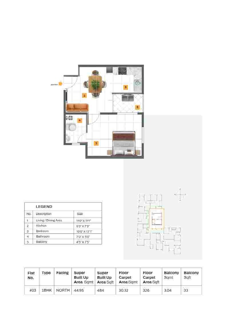Floor plan of 1 BHK 484 Sq. Ft. Apartment in NTD Lavender, Bangalore