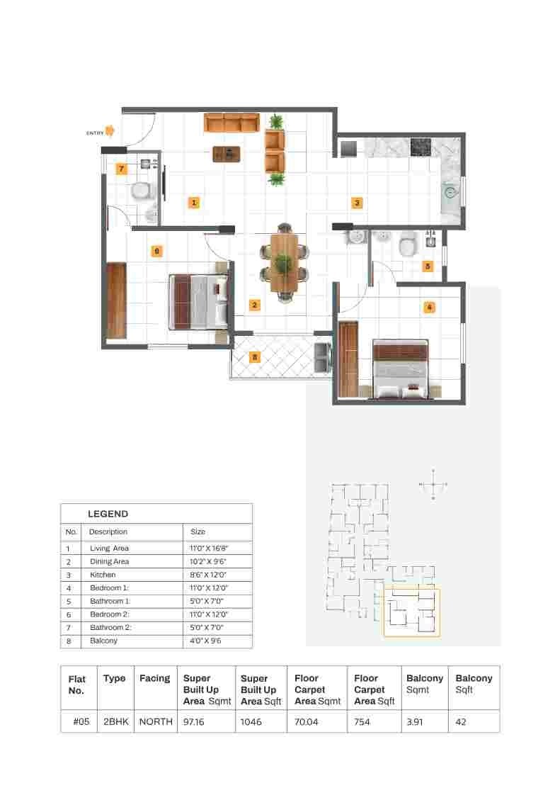 Floor plan of 2 BHK 1045 Sq. Ft. Apartment in NTD Lavender, Bangalore