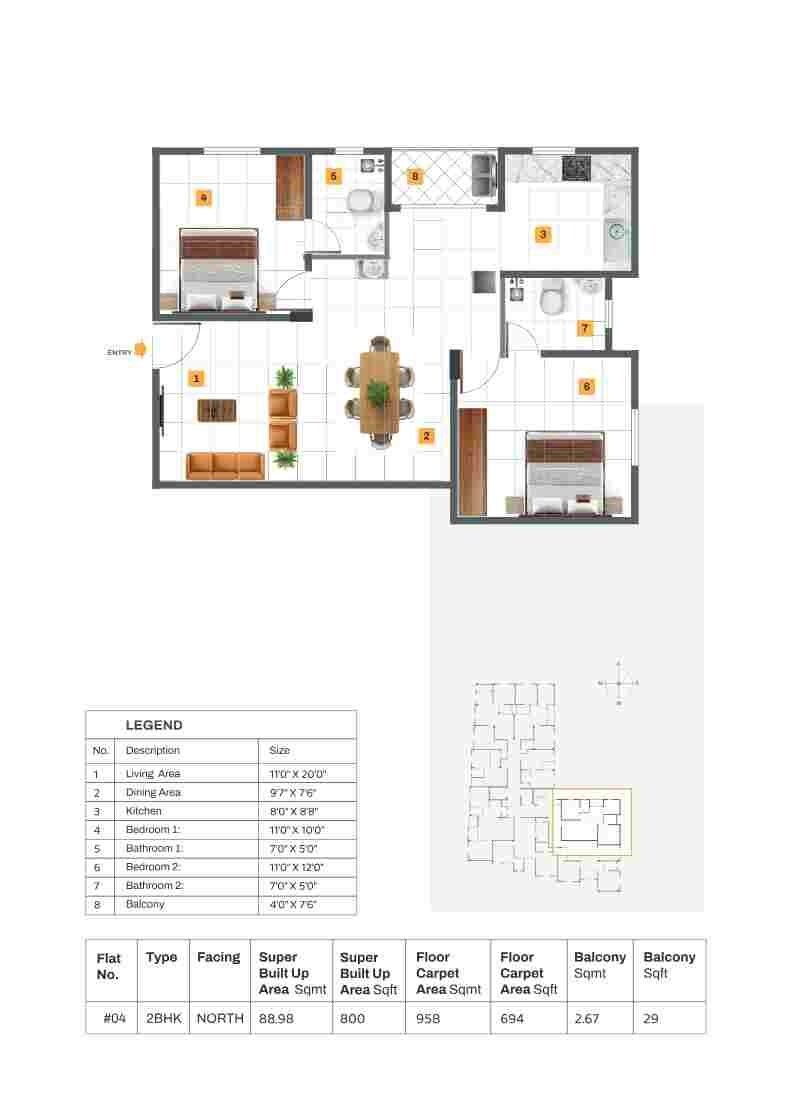 Floor plan of 2 BHK 800 Sq. Ft. Apartment in NTD Lavender, Bangalore