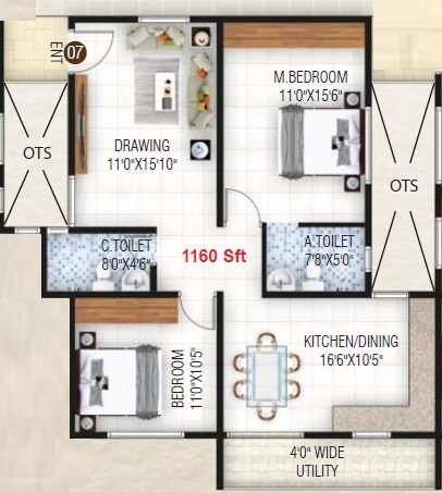 Floor plan of 2 BHK 1160 Sq. Ft. Apartment in NVR Sun Pearl Block B, Bangalore