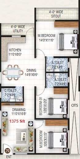Floor plan of 3 BHK 1375 Sq. Ft. Apartment in NVR Sun Pearl Block B, Bangalore