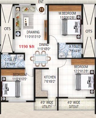 Floor plan of 3 BHK 1190 Sq. Ft. Apartment in NVR Sunpearl Block B, Bangalore