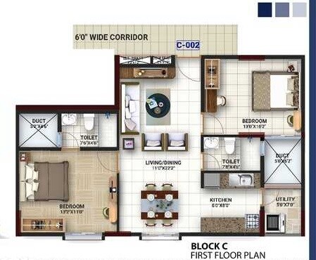 Floor plan of 2 BHK 1070 Sq. Ft. Apartment in NYK Metro Urbano, Bangalore