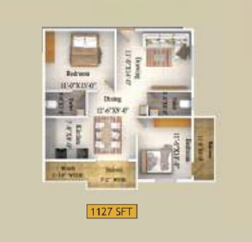 Floor plan of 2 BHK 1127 Sq. Ft. Apartment in Oakstone Lakeview, Bangalore