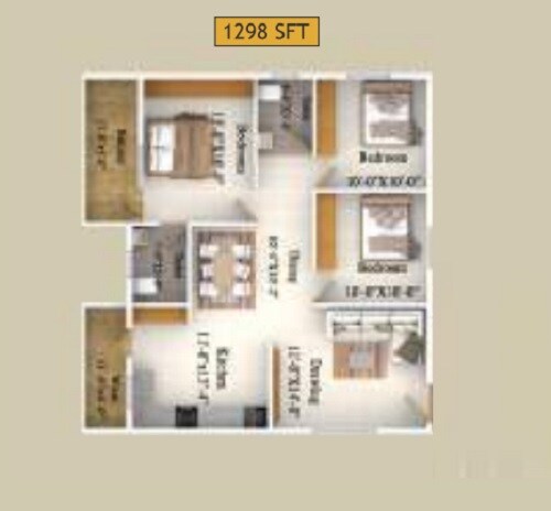 Floor plan of 3 BHK 1298 Sq. Ft. Apartment in Oakstone Lakeview, Bangalore