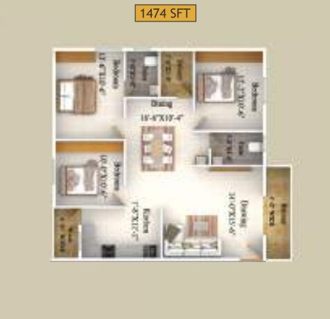 Floor plan of 3 BHK 1474 Sq. Ft. Apartment in Oakstone Lakeview, Bangalore