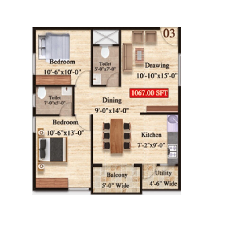 2 BHK 1067 Sq. Ft. Apartment