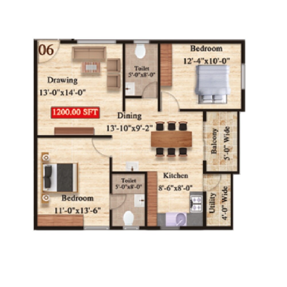 2 BHK 1200 Sq. Ft. Apartment