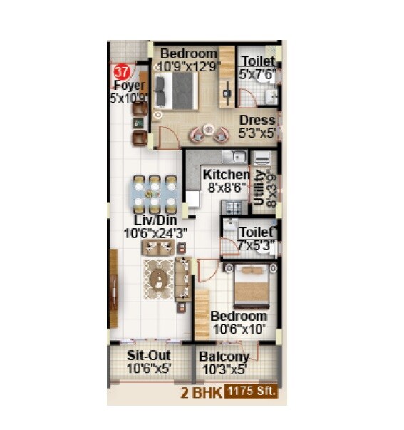 Floor plan of 2 BHK 1175 Sq. Ft. Apartment in Obel Shanthi, Bangalore
