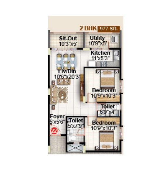 Floor plan of 2 BHK 977 Sq. Ft. Apartment in Obel Shanthi, Bangalore