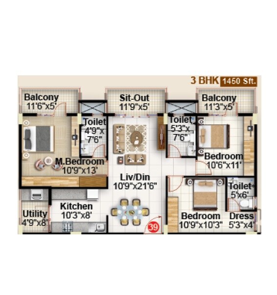 Floor plan of 3 BHK 1450 Sq. Ft. Apartment in Obel Shanthi, Bangalore