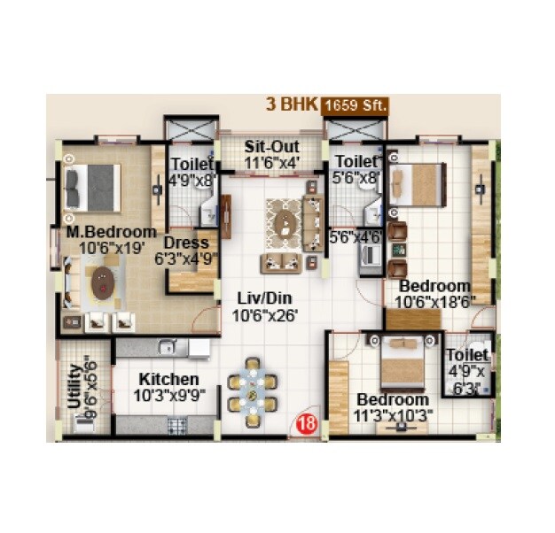 Floor plan of 3 BHK 1659 Sq. Ft. Apartment in Obel Shanthi, Bangalore