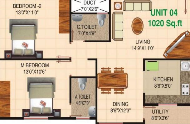 Floor plan of 2 BHK 1020 Sq. Ft. Apartment in Ocean Karthik Pride, Bangalore