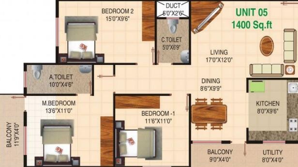 Floor plan of 3 BHK 1400 Sq. Ft. Apartment in Ocean Karthik Pride, Bangalore