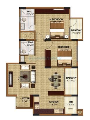 Floor plan of 2 BHK 1226 Sq. Ft. Apartment in Oceanus Classic, Bangalore