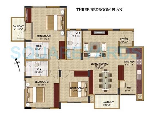 Floor plan of 3 BHK 1653 Sq. Ft. Apartment in Oceanus Classic, Bangalore