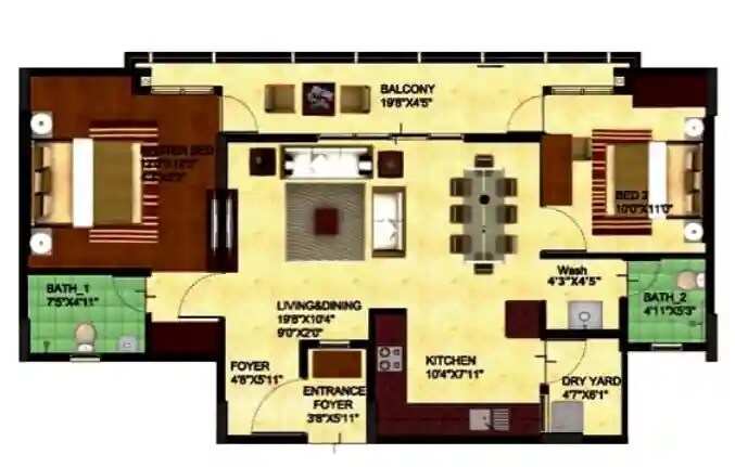 Floor plan of 2 BHK 1153 Sq. Ft. Apartment in Oceanus Tranquil Apartment, Bangalore