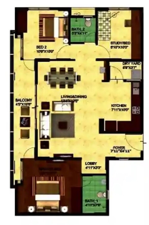 Floor plan of 2 BHK 1334 Sq. Ft. Apartment in Oceanus Tranquil Apartment, Bangalore