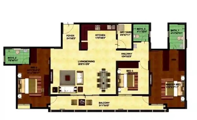 Floor plan of 3 BHK 1710 Sq. Ft. Apartment in Oceanus Tranquil Apartment, Bangalore