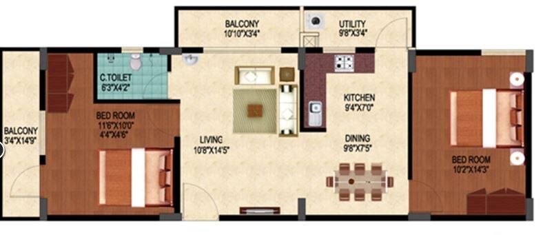 Floor plan of 2 BHK 936 Sq. Ft. Apartment in Oceanus Viola, Bangalore