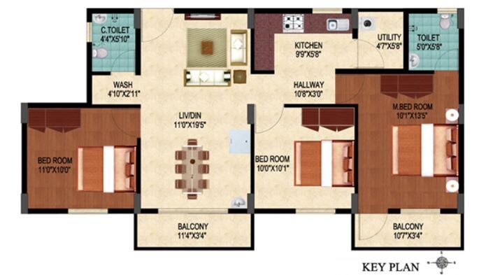 Floor plan of 3 BHK 1064 Sq. Ft. Apartment in Oceanus Viola, Bangalore