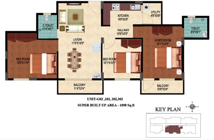 Floor plan of 3 BHK 1098 Sq. Ft. Apartment in Oceanus Viola, Bangalore
