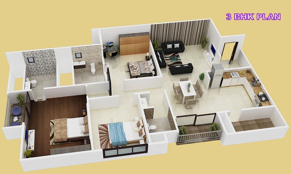 Floor plan of 3 BHK 1729 Sq. Ft. Apartment in Oceanus Vista II, Bangalore