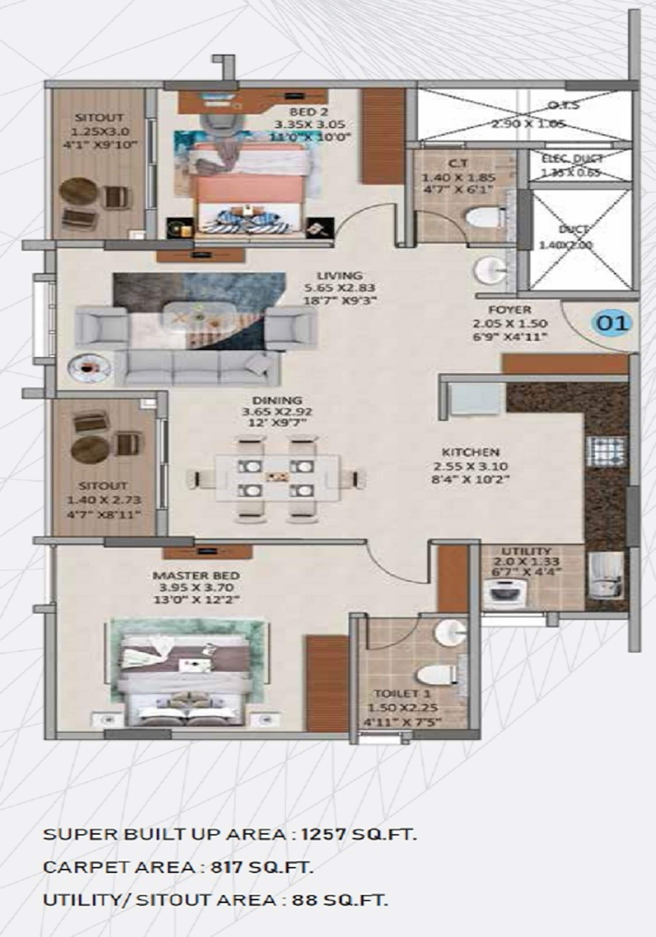 2 BHK 1257 Sq. Ft. Apartment in Oceanus White Meadows