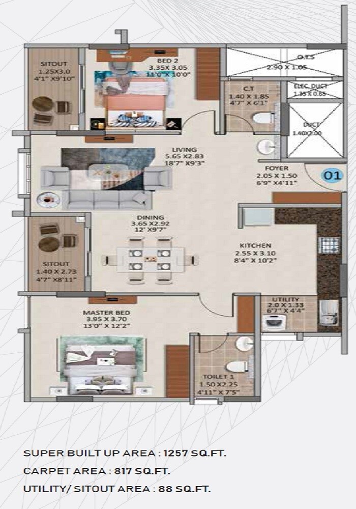 Floor plan of 2 BHK 1257 Sq. Ft. Apartment in Oceanus White Meadows, Bangalore