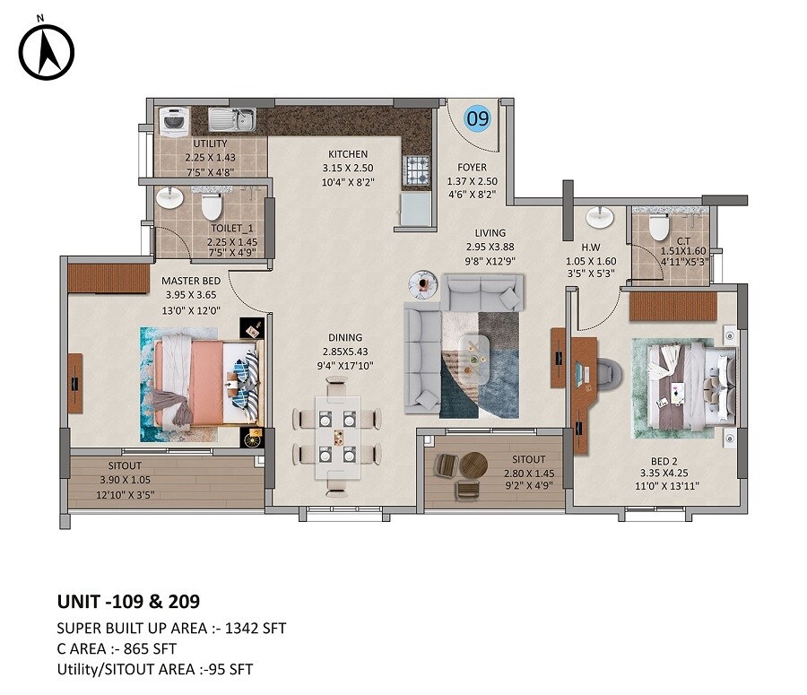 Floor plan of 2 BHK 1342 Sq. Ft. Apartment in Oceanus White Meadows, Bangalore