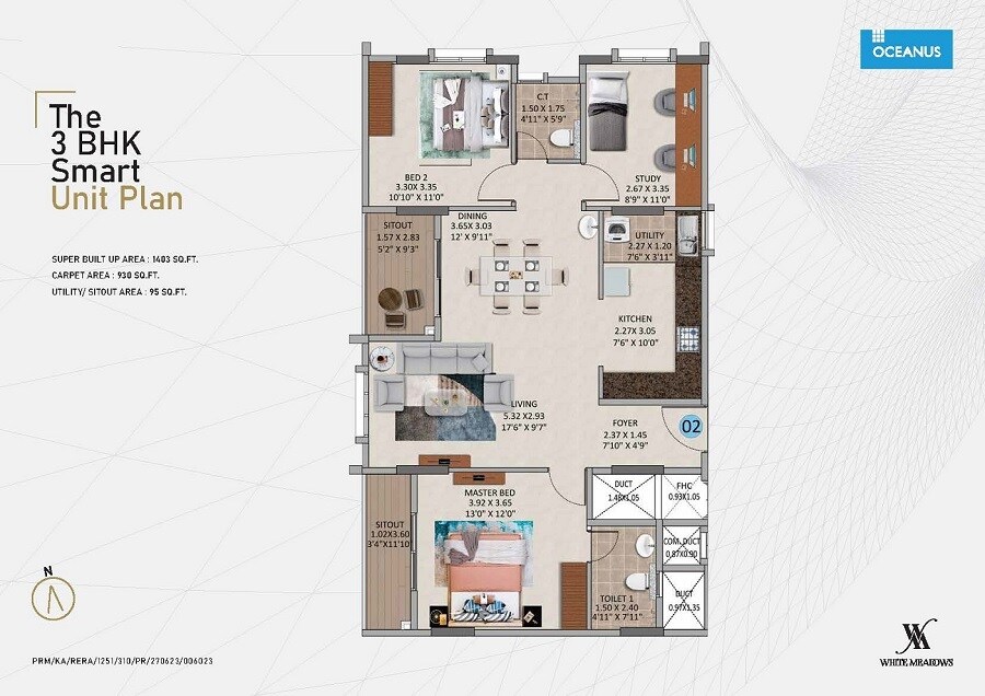 Floor plan of 3 BHK 1403 Sq. Ft. Apartment in Oceanus White Meadows, Bangalore