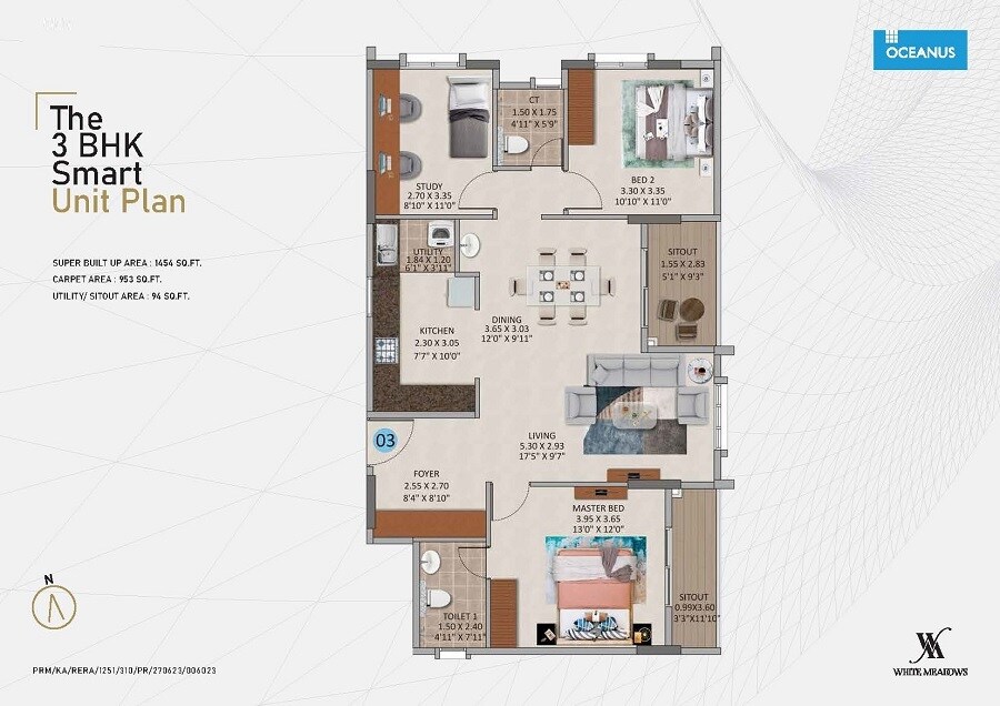 Floor plan of 3 BHK 1454 Sq. Ft. Apartment in Oceanus White Meadows, Bangalore