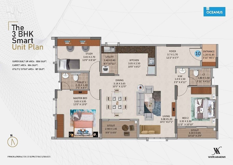 Floor plan of 3 BHK 1558 Sq. Ft. Apartment in Oceanus White Meadows, Bangalore