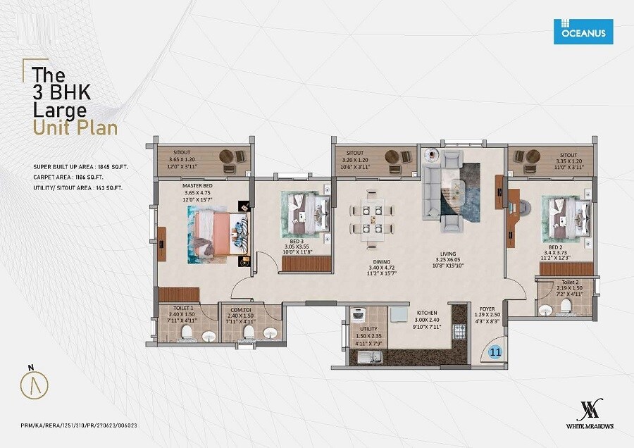 Floor plan of 3 BHK 1845 Sq. Ft. Apartment in Oceanus White Meadows, Bangalore