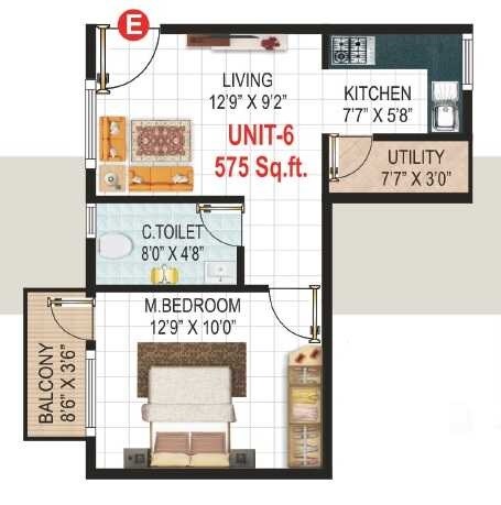 Floor plan of 1 BHK 575 Sq. Ft. Apartment in Om Sai Heritage, Bangalore