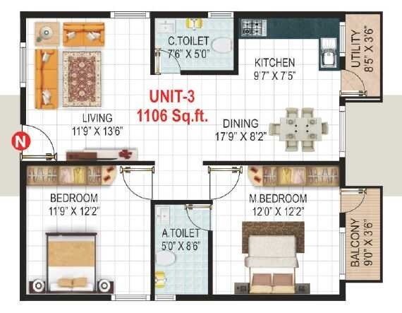 Floor plan of 2 BHK 1106 Sq. Ft. Apartment in Om Sai Heritage, Bangalore