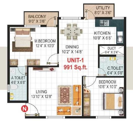 Floor plan of 2 BHK 991 Sq. Ft. Apartment in Om Sai Heritage, Bangalore