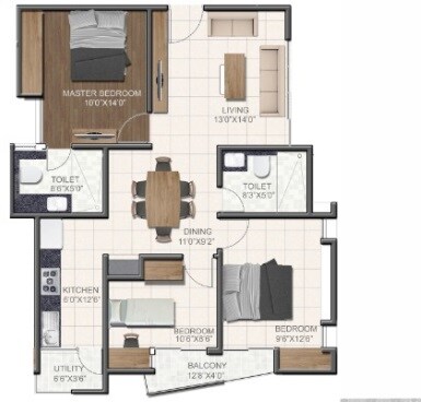 Floor plan of 3 BHK 1300 Sq. Ft. Apartment in Omega Corals, Bangalore