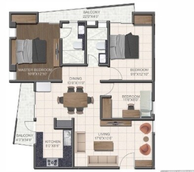 Floor plan of 3 BHK 1519 Sq. Ft. Apartment in Omega Corals, Bangalore