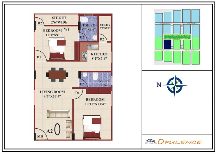 Floor plan of 2 BHK 1000 Sq. Ft. Apartment in Omshri Opulence, Bangalore