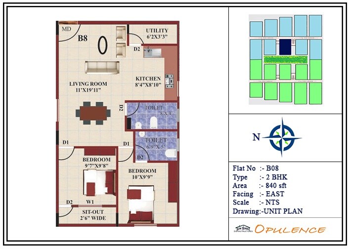 Floor plan of 2 BHK 840 Sq. Ft. Apartment in Omshri Opulence, Bangalore