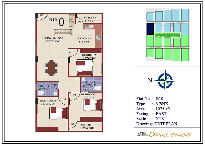 Floor plan of 3 BHK 1075 Sq. Ft. Apartment in Omshri Opulence, Bangalore