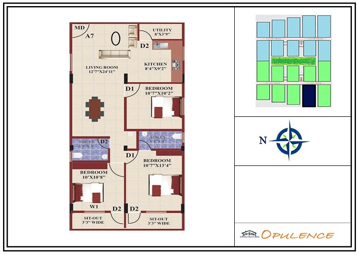 Floor plan of 3 BHK 1210 Sq. Ft. Apartment in Omshri Opulence, Bangalore