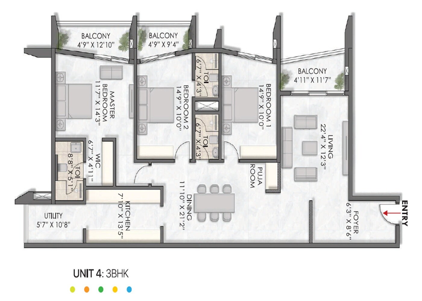 Floor plan of 3 BHK 1935 Sq. Ft. Apartment in Opera Akshar, Bangalore