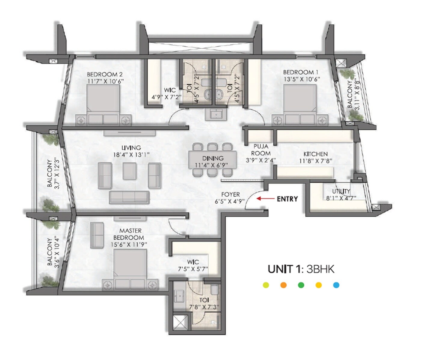 Floor plan of 3 BHK 1624 Sq. Ft. Apartment in Opera Akshar, Bangalore